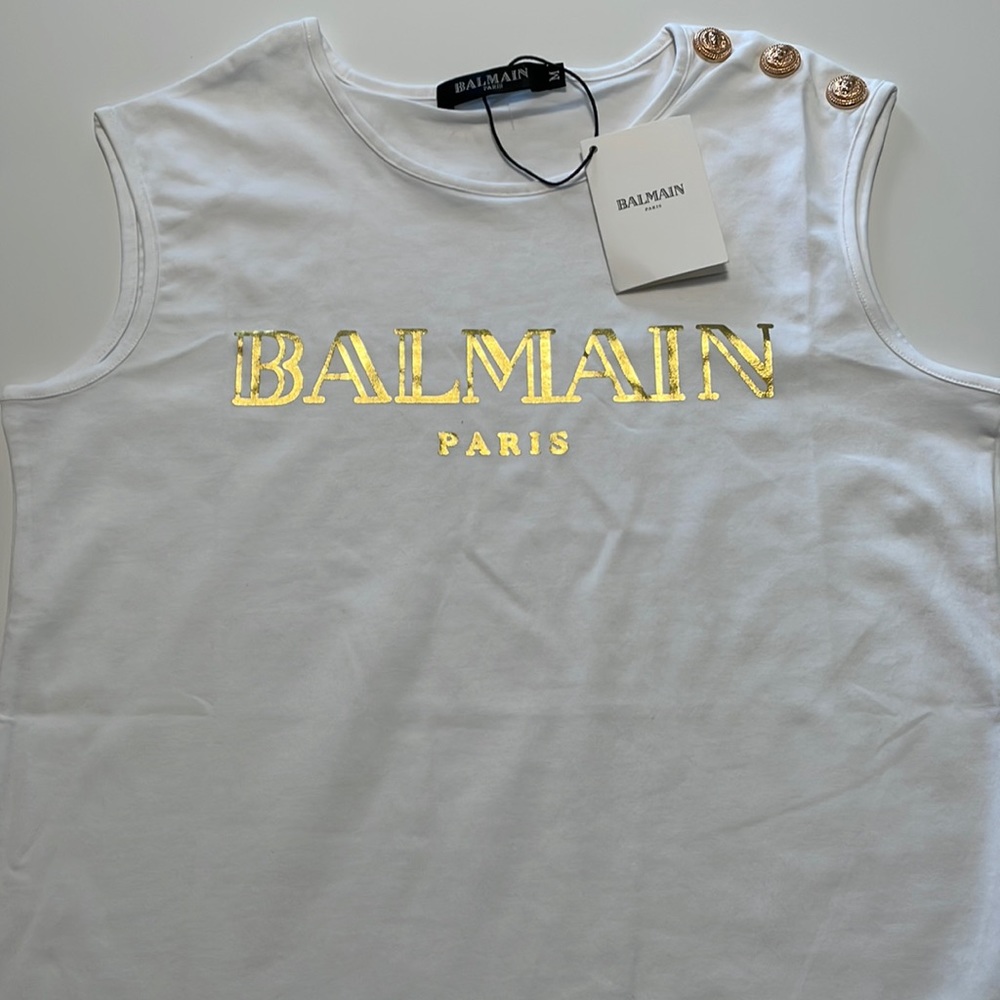 White and gold Balmain top, size Medium, new with tags